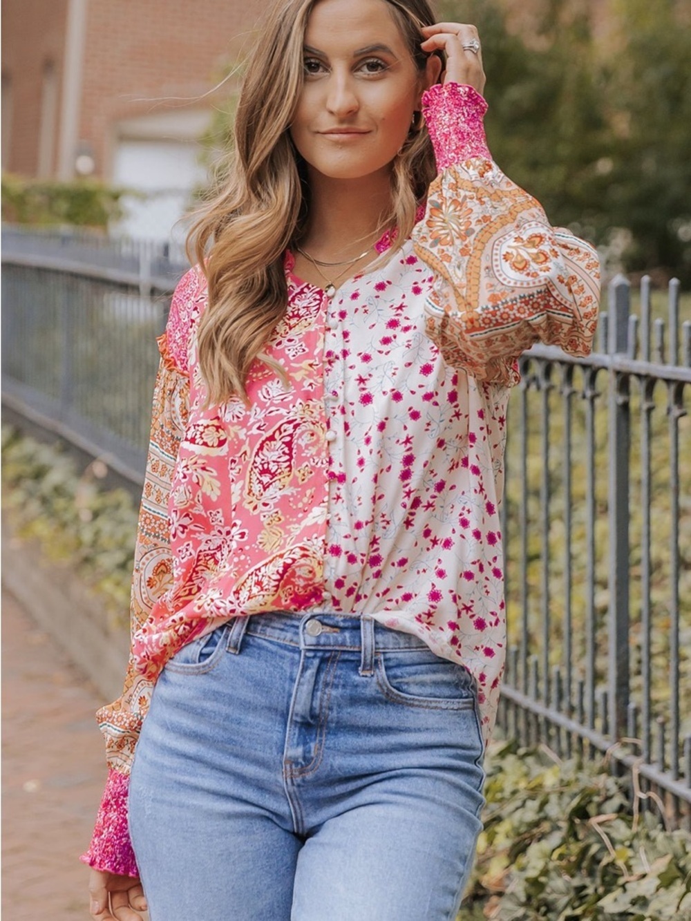 Boho Mixed Floral & Paisley Print Button Front Blouse - Size Large - Picture 4 of 10